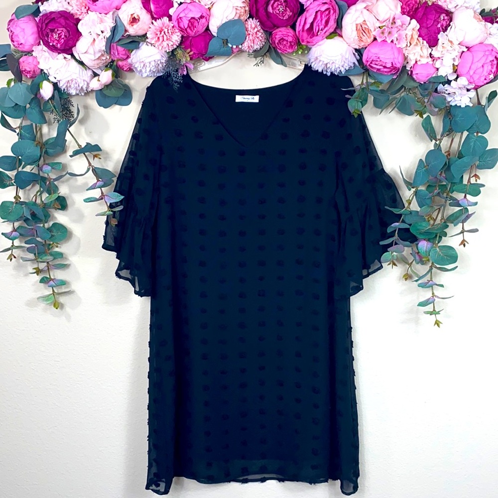 •blooming jelly• black [Textured Swiss Dot] {elbow-length Flounce Sleeve} Dress